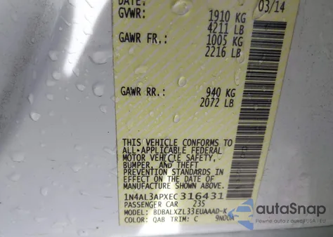 2014 Nissan Altima 2.5 from USA, damaged, VIN 1N4AL3APXEC316431